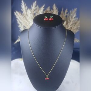 Gold plated Cherry Pendant Necklace and Stud Earrings Set - Red